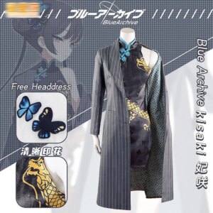 2023 Blue Archive Kisaki Cosplay Sexy Black Elegant Prints Cheongsam with Butterfly headdress full set Costume