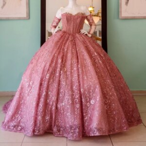 Pink Shiny Princess Quinceanera Dresses Off the Shoulder Ball Gown Sweet 16 Dress Beads Sequin Appliques Lace Beads Vestidos De