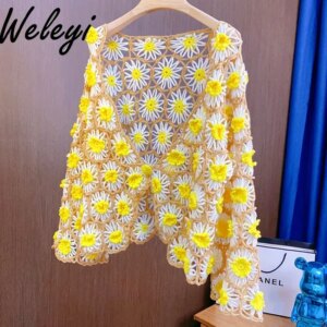 Handmade Hollowed Crochet Flower Small Daisy Knitted Cardigan Sweet Women’s Spring and Autumn Short One-button Knitwear Outwear