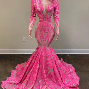 Pink South African Prom Dresses Mermaid Long Sleeves Sequins Black Girls Nigeria Robe De Soiree Evening Dresses Gown Customized