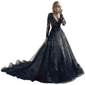 Black Evening Dresses With Long Sleeve Bridal Gowns V Neck Lace Appliques Wedding Gowns with Train Customized