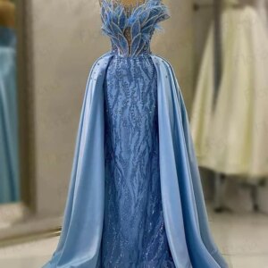 Blue Feathers Formal Evening Dresses Detachable Train Women 2023 Beaded Sheath Dress With 3D Leaf Design Wedding Party Gowns