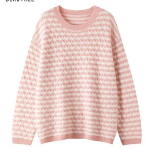 BirdTree, 100%Pure Cashmere Elegant Sweater, Women’s O Neck Houndstooth, French Pullovers, 2024 Fall Winter Knit Top T48933QC