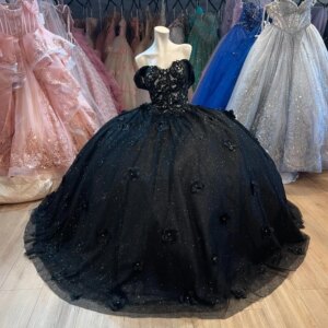 Black Shiny Sweetheart Quinceanera Dresses Ball Gown For Sweet 16 Dress Applique 3D Flowers Beads Tull Party Birthday Vestidos