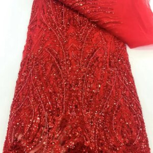 Red Beaded Lace Fabric Embroidery Nigerian Lace Fabric 2024 High Quality 5Yard Sequence Lace Fabric for Woman Evening Dressq61-1