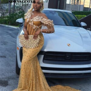 Wowed Tassels Golden Off Shoulder Evening Dress Mermaid Aso Ebi Women Formal Party Dress Africa Chic Wedding Guest Customized