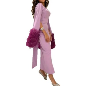 Customized  Jersey Straight Cap Sleeve Feathers and Sashes Evening Dress Front Slit Floor Length V-Neck Solid Color Fas
