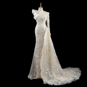 Luxury Embroidery Prom Dress Custom Champagne Engagement Wedding Quinceanera Hand Beaded, Single Shoulder, Side Panel H1827