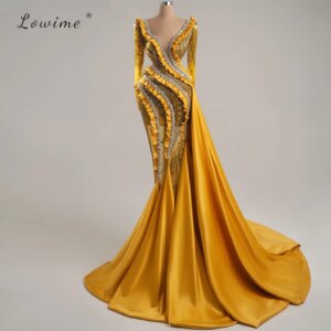 Luxurious Long Sleeve Mermaid Dress V Neck Ruffled Sequined Prom Dress With Satin Train