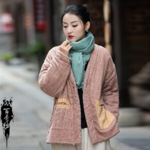 Winter Cotton and Linen Women’s Clothing Fried Color Distressed Padded Thickened Improved Zen Style Quilted Coat Cotton-Padded