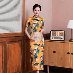 Spring and Summer New High Quality Real Silk Printed Improved plus Size Cheongsam Qipao Women’s Dress