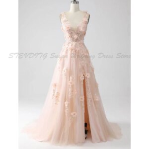 Elegant Evening Dresses Women Pink Flowers Alliques High Quality A Line Vent V Neck Spaghetti Strap Exquiiste Pretty Gowns