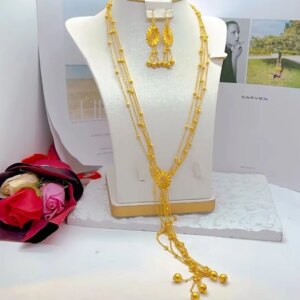 Popodion  New Dubai Jewelry 24K Gold Plated Tassel Necklace Earrings Bridal Wedding Fashion Accessories Two Piece Set YY10258