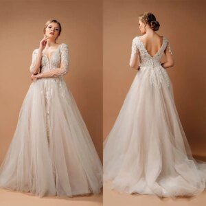 Classic A Line Women’s Wedding Dress V-Neck Long Sleeve Bridal Dress Applique Sweep Train Dress Customized New Beach Photography