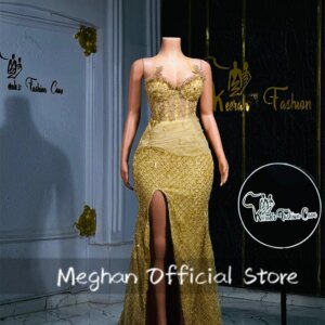 Gold Halter Prom Dresses Black Girls Crystal Bead Sweetheart Slit Prom Dress 2025 Sequin Aso Ebi Party Gowns Customized