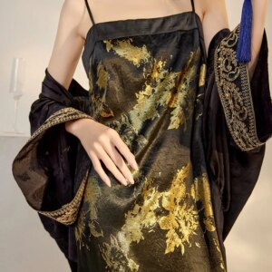 New Chinese light luxury temperament printed rayon shirt slip skirt suit women