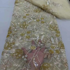 2025 New African French Nigerian High End Lace Fabric With Beads Sequins Mesh for Embroidery Wedding Party Bride Sewing Dress