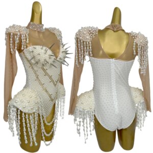 Luxury High-end Customization Pearls Bodysuit Sparkly Crystals Tassel Rivet Dancewear Club Party Stage Show Outfit Dingzhici
