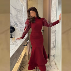 Customized Mermaid Evening Dresses Jersey High Neck Beads Crystals Full Sleeves Ankle Length Bespoke Occasion Gown Party Dresses