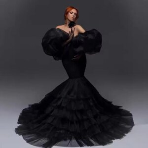Sexy Black Mermaid Maternity Dresses for Pregnancy Women Puff Sleeves Tiered Tulle Maternity Photoshoot Dress Babyshower Gowns