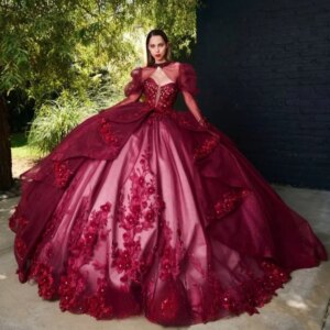 Customized Shiny Red Off Shoulder Quinceanera Dress applique 3D flower Tull Lace Long tail vestidos de 15 Quinceanera 
