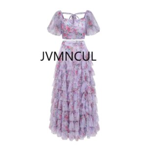 Bohemian Style Fairy Print Short Sleeve Crop Top and High Waist Skirt Set 2025 Party Evening Summer Dresses