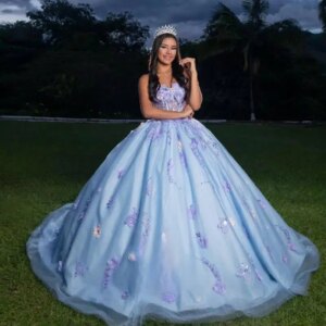 Customized Sky Blue Quinceanera Dresses for Girls Appliques Sleeveless Beads Flower Sequined Robe Vestidos De 15 Años