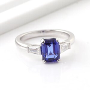 Provence 18K/14K/10K Solid Gold Emerald Cut Royal Blue Lab Grown Gems With DEF Moissanites Three Stone Ring Customized Gift