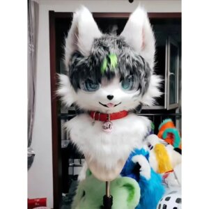 Gray Furuit Long-haired Cat and Fox Mascot Head Party Halloween Fur Role Play