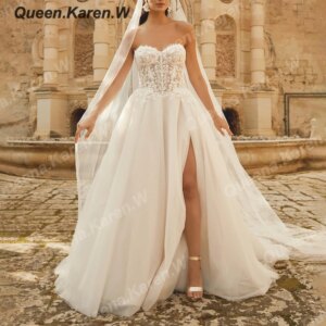 Elegant Boho A line Wedding Dress strapless lace bride dress robe de mariee A line Wedding Bridal Gown