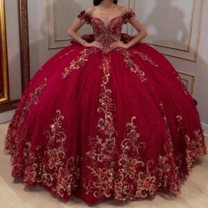 Red Shiny Quinceanera Dresses Ball Gown Off Shoulder Sequin Applique Lace Beading Crytal Tull Corset Sweet 16 Dress Vestidos 15