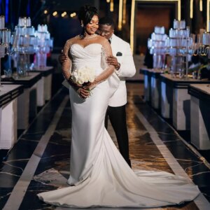 Luxury Beaded Mermaid Wedding Dresses Jewel Neck Long Sleeves Pleated Bride Dress 2025 Bow Tie Train Wedding Gowns