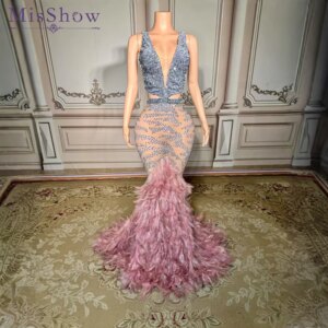 MisShow Feather Trim Custom Evening Dresses For Black Girls Deep V-Cut Rhinestone Gowns Prom Wedding Guest Outfit