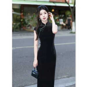 Pure Black Velvet Long Sleeve Cheongsam Qi Pao Autumn New Retro Improved Chinese Style Daily