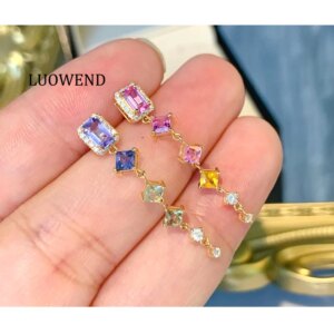 LUOWEND 100% 18K Yellow Gold Earrings Shiny Diamond Romantic Natural Color Sapphire Drop Earrings for Women High Wedding Jewelry