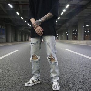 High Street Classic Washed and Worn Light Blue Broken Hole Jeans Trousers Men