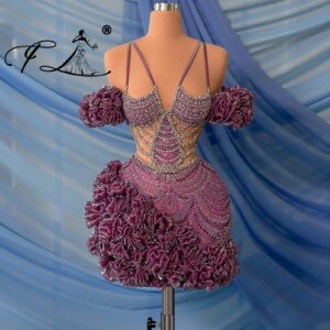 Purple Beads Crystal Short Cocktail Dress Spaghetti strap Mini Special Occasion Party Dress Smocked Vestidos De Gala Customized