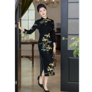 Old Shanghai Retro Chinese Style Long 3/4 Sleeves Cheongsam Qi Pao Autumn New Middle-Aged and Elderly Women Elastic