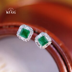 KUGG 100% 18K White Gold Earrings Elegant Design Natural Diamond Natural Emerald Earrings for Women INS Style Christmas Gift