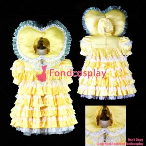 fondcosplay adult sexy cross dressing sissy maid baby yellow Satin Dress lockable heart hood costume CD/TV[G2392]