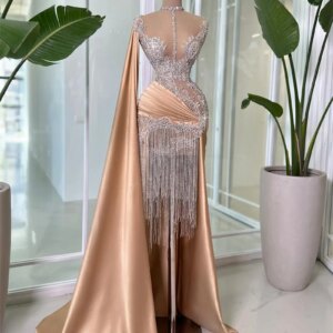 Luxury Champagne Handemade Beads Satin Formal Celebrity Party Dress Dubai Heavy Crystal Tassel Evening Gown vestido de casamento