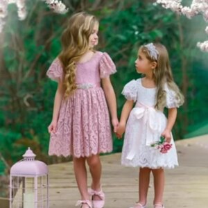 First Communion Gowns Gown with Short Sleeves Bohemian Flower Girl Dress rustic flower girl dress lace boho wedding Party dress