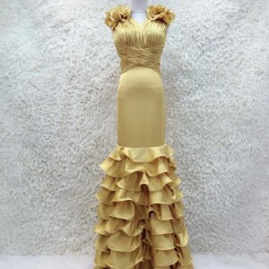 Custom Yellow Evening Dress Sleeveless Ruffled Mermaid Gown For Quinceanera Prom Formal Occasions H445