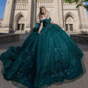 Blackish Green Shiny Off Shoulder Quinceanera Dresses Applique Lace Beading Bow Tull Tiered Party Birthday Sweet 16 Dress Vestid