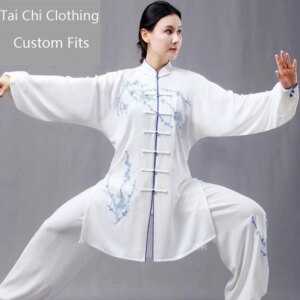Tai Ji Suit Medium and High-End New Women’s Spring Autumn White Double Silk Hemp Thread Strip Plum