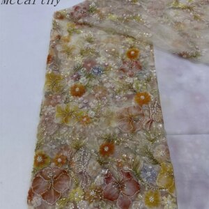 African Heavy Beaded Lace Fabric 2025 High Quality Nigerian Luxury Flowers Sequins Lace French Tulle Fabric for Party Dress