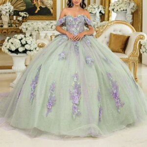 Green Shiny Princess Quinceanera Dresses Off Shoulder Applique Lace Beading Crystal Bow Tull Sweet 16 Dress Ball Gown Vestidos