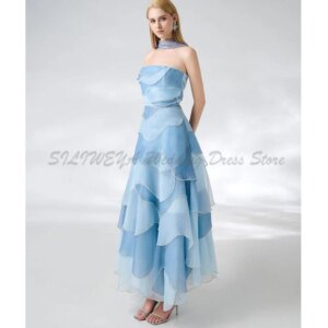 Simple Blue Strapless Sleeveless Evening Dresses Women Ankle Length Backless Tiered Formal Banquet Party Prom Custome Gowns 2025