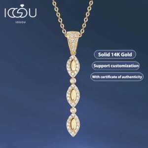 IOGOU Real 14K Solid Gold Halo Cubic Zircon Strip Pendant Necklace for Women Silver 925 Chain Link Original Wedding Fine Jewelry
