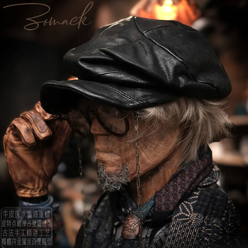 Niche Designer Handmade Beret Men's Leather Vintage Distressed British Women's Hat